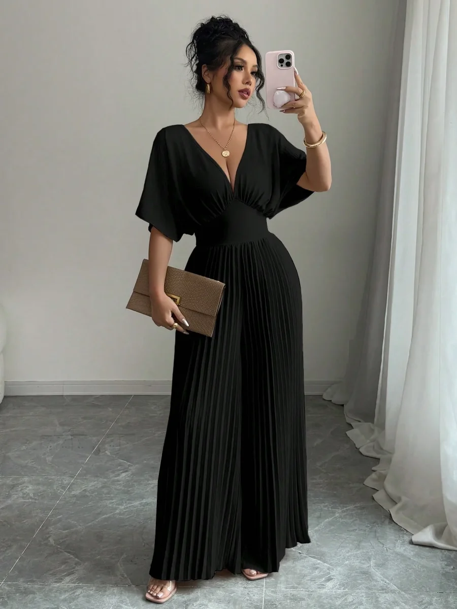 Tuta elegante scollo a V maniche a pipistrello plissettata - immagine 3