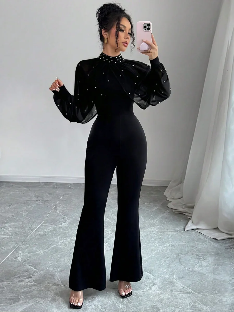 Tuta elegante maniche a lanterna e perline - immagine 3