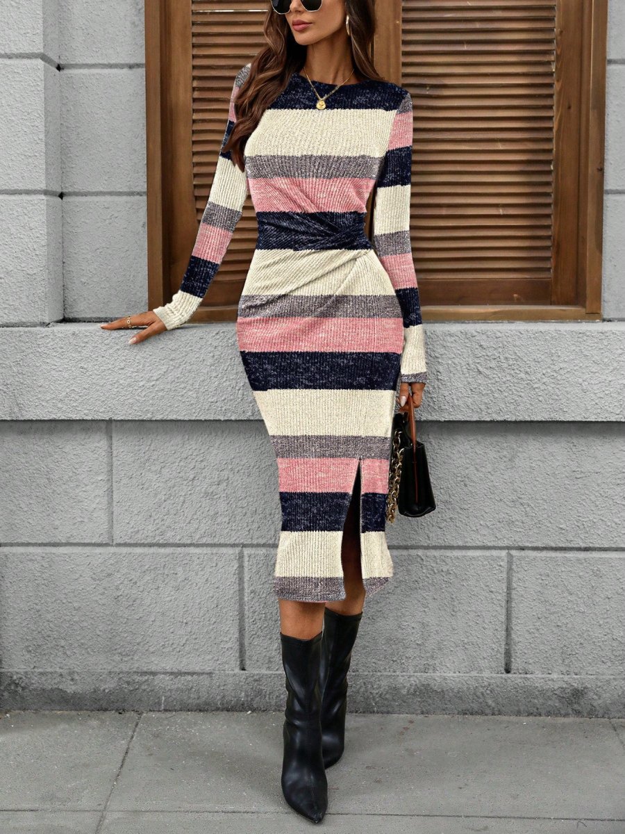 Abito midi casual vita arricciata con spacco - immagine 6