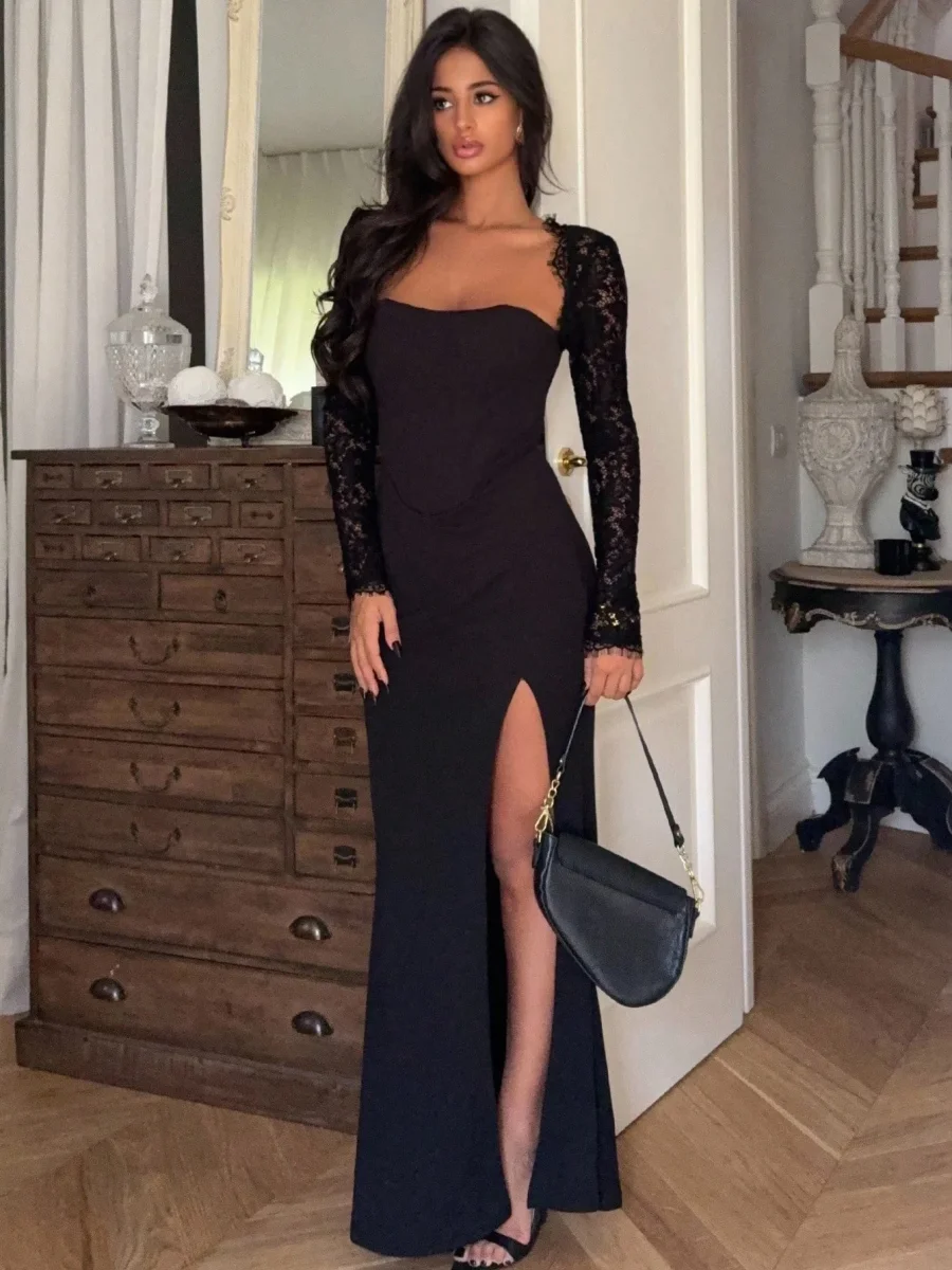 Abito pizzo e maniche lunghe, spacco alto - immagine 2