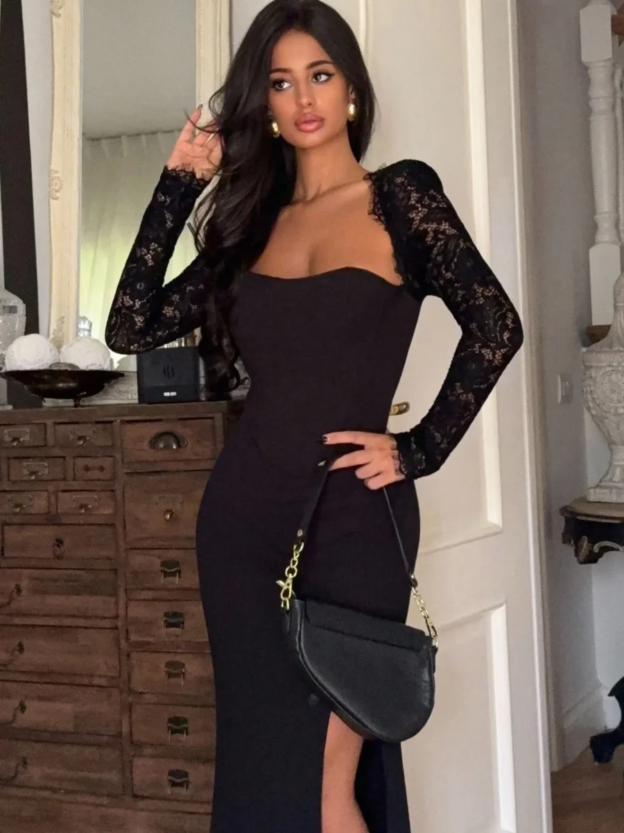 Abito pizzo e maniche lunghe, spacco alto - immagine 7