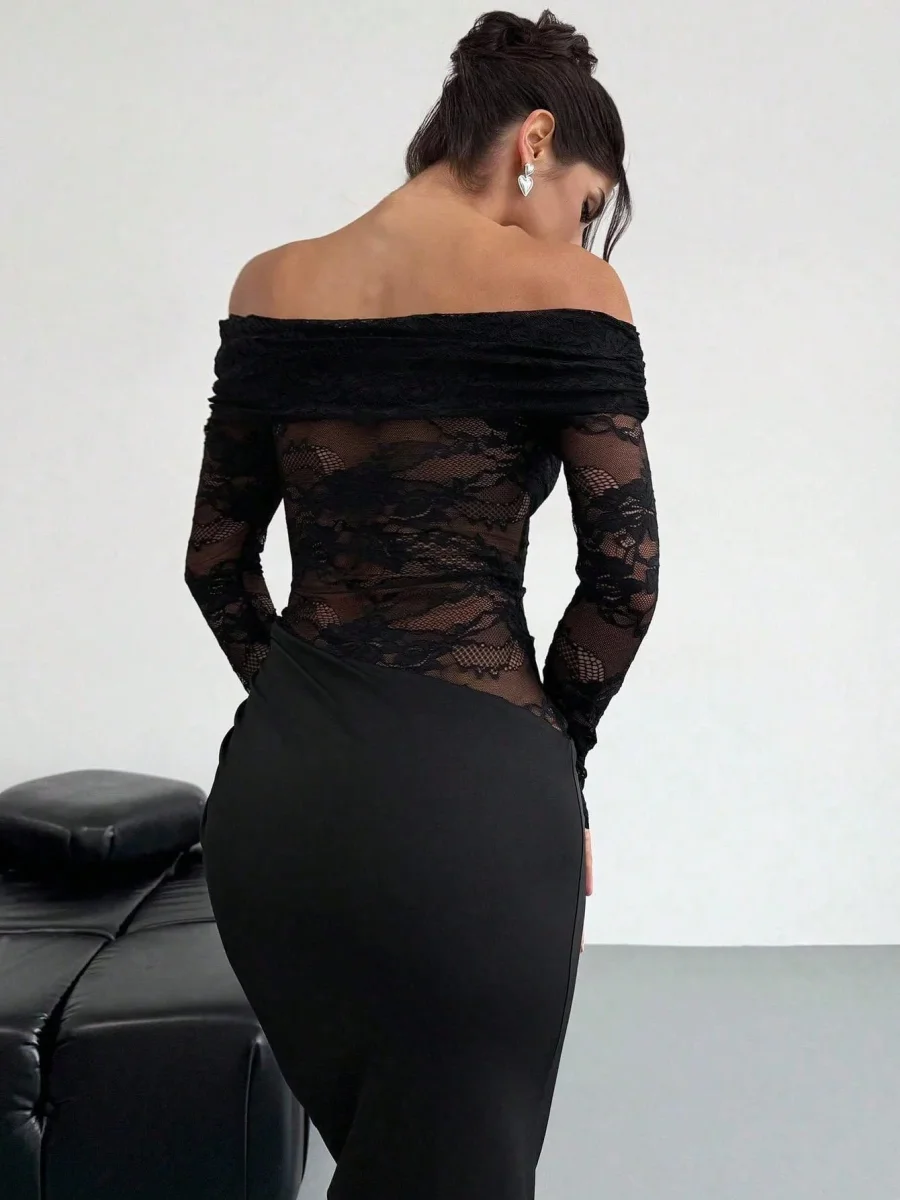 Abito lungo elegante spalle scoperte pizzo - immagine 7