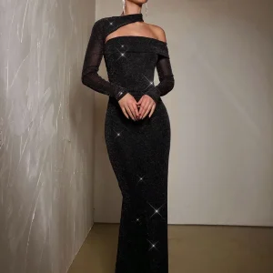 Abito aderente scollo asimmetrico brillantinato