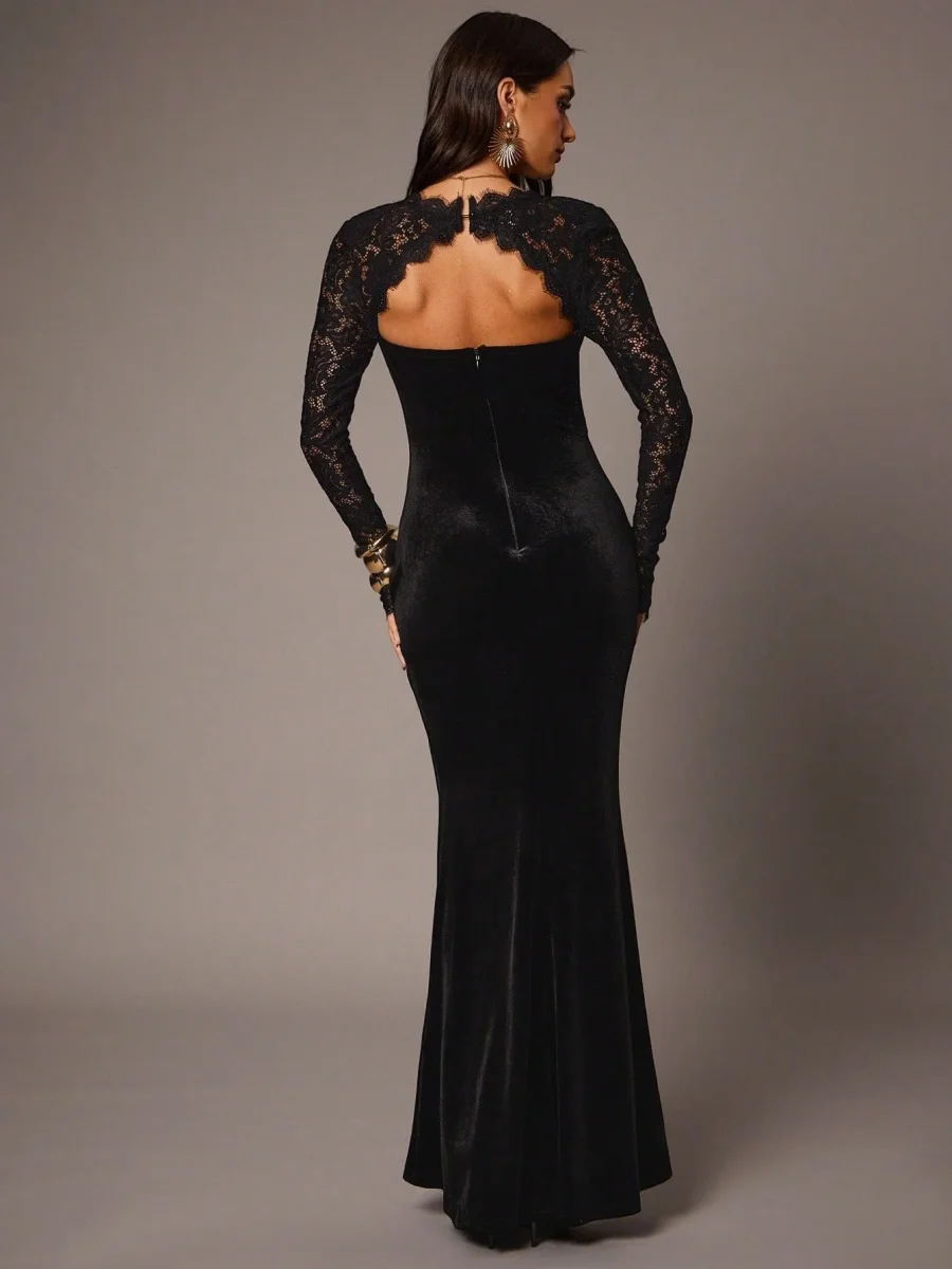 Abito lungo con spacco pizzo e velluto - immagine 4