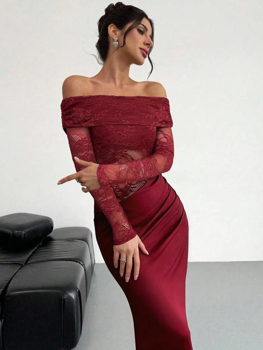 Abito lungo elegante spalle scoperte pizzo - immagine 3