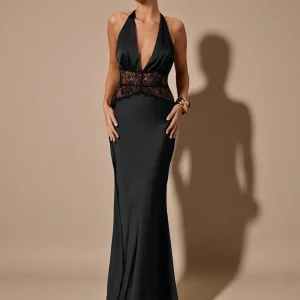 Abito raso sexy con scollo a V profondo, pizzo