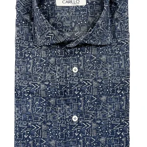 Camicia uomo cotone elastico fantasia graffiti bianchi su fondo bluette.