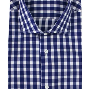 Camicia uomo in cotone elastico fantasia macro quadri blu e bianchi