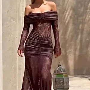 Abito lungo drappeggiato inserto pizzo