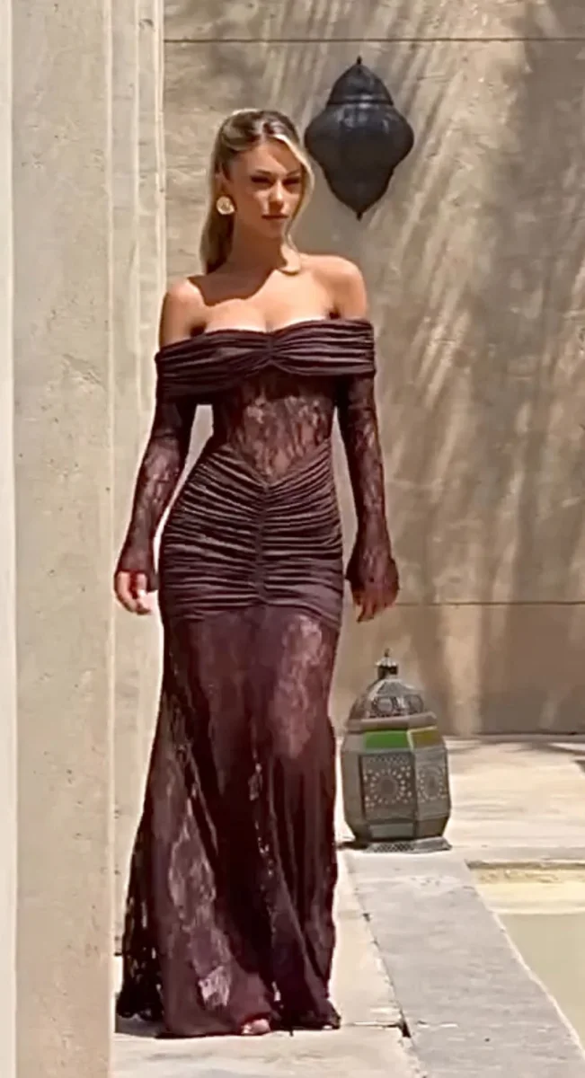 Abito lungo drappeggiato inserto pizzo - immagine 2