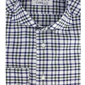 Camicia uomo collo francese fantasia quadri verdi e blu su fondo bianco