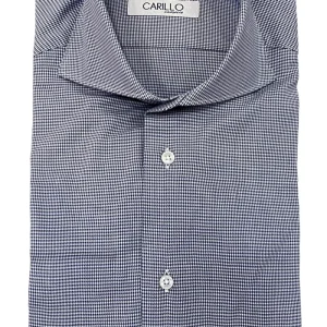 Camicia uomo slim fantasia micro pied de poule blu su fondo bianco