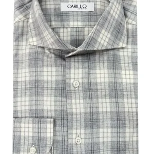 Camicia uomo slim fantasia scozzese grigia e bianca con bottoni bianchi