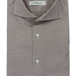 Camicia uomo slim fantasia microquadro marrone bianco