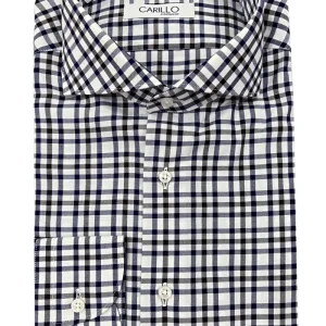 Camicia uomo collo francese fantasia quadri marroni e blu su fondo bianco