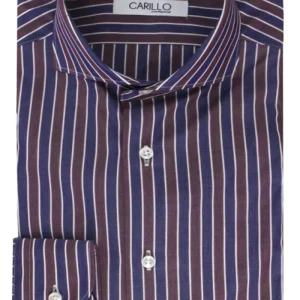 Camicia uomo fantasia riga blu bianca e bordeaux bottoni bianchi