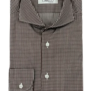 Camicia uomo slim fantasia quadro sfumato marrone e  bottoni bianchi