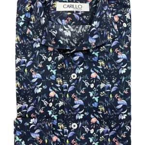 Camicia uomo slim fantasia fiori multicolor su base blu notte