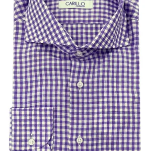 Camicia Uomo Regular bianca fantasia quadri viola Cotone fisso casual Collo Francese Manica Lunga38 39 40 41 42 43 44