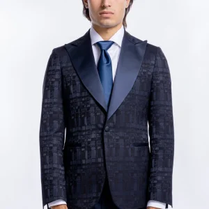 Giacca uomo smoking monopetto sartoriale fantasia nero blu rever a lancia larga