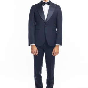 Abito uomo monopetto gessato fondo blu slim fit rever a lancia larga in seta