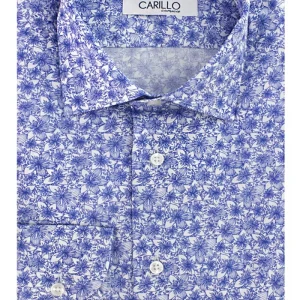 Camicia uomo collo italiano slim fit cotone elastico fantasia fiori blu