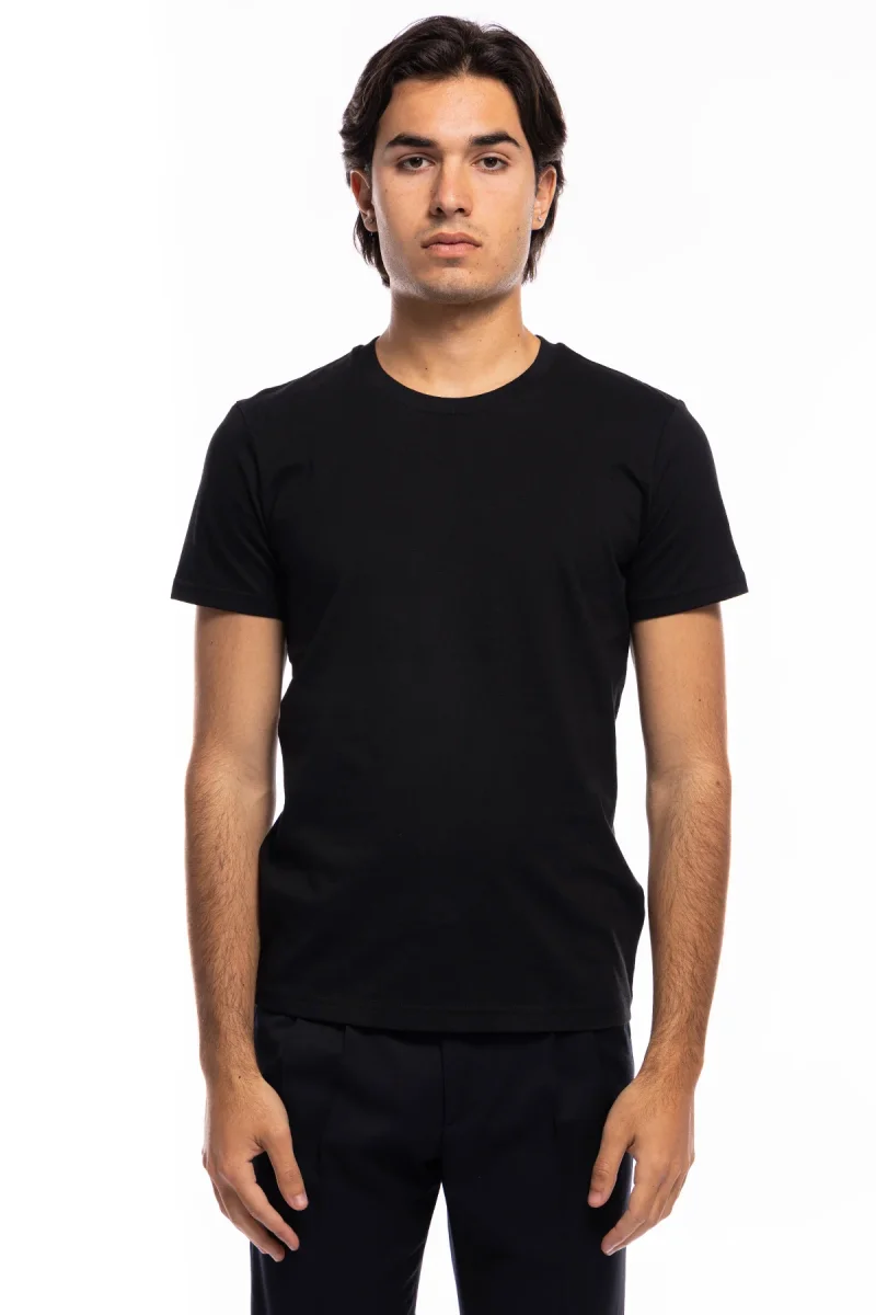 T-shirt da uomo in cotone nera organico tinta unita regular fit elasticizzata girocollo - immagine 2