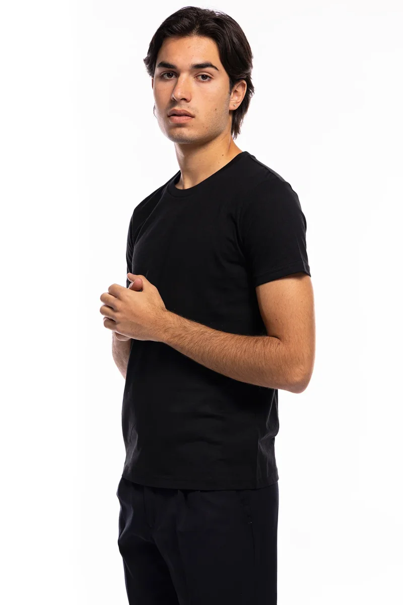 T-shirt da uomo in cotone nera organico tinta unita regular fit elasticizzata girocollo - immagine 3