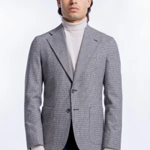 Giacca uomo fantasia pied de poule nero monopetto in lana sartoriale slim fit rever largo