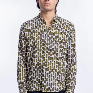 Camicia Uomo In Viscosa fantasia Macchie Verdi vestibilita comoda Collo Italiano