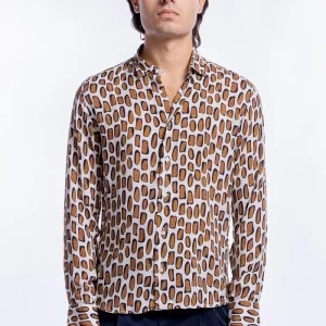 Camicia Uomo In Viscosa fantasia Macchie Marroni vestibilita comoda Collo Italiano