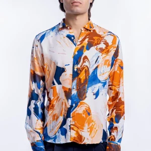 Camicia Uomo In Viscosa fantasia Pittura Arancio vestibilita comoda Collo Italiano