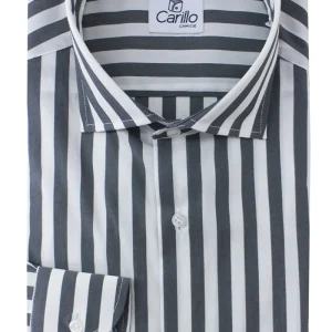 Camicia Uomo Righe Larghe Grigio Scuro Slim fit Elasticizzata Collo semi francese Made In Italy