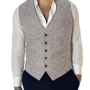 Gilet uomo bianco pied de poule monopetto in misto lino made in italy