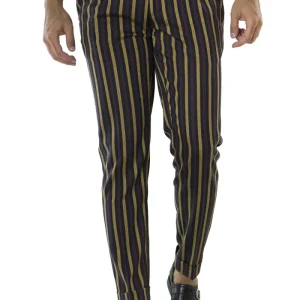 Pantalone uomo fantasia riga blu marrone in lana vita alta con pinces fibbie laterali e risvolto 4cm