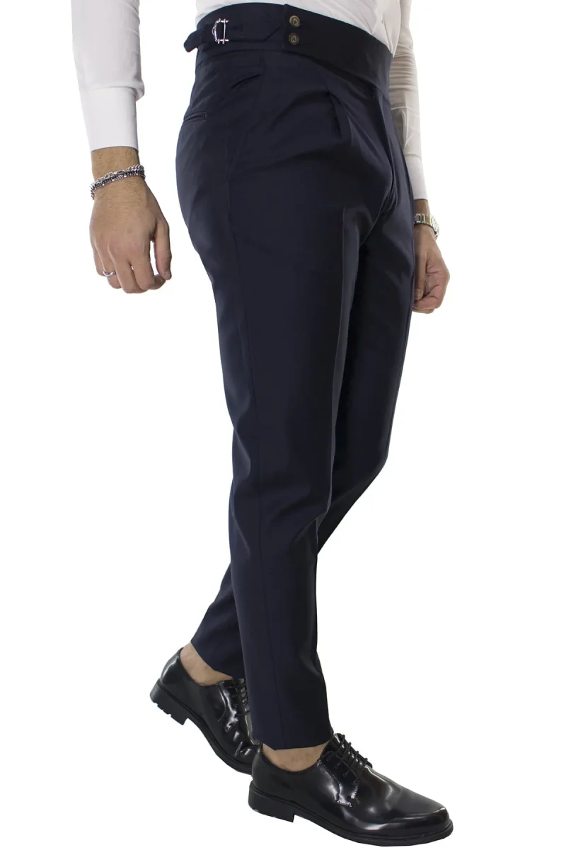 Carillo Moda Pantalone Uomo Blu in Lana Vita Alta con Pinces e Fibbie Laterali Vitale barberis canonico - immagine 3