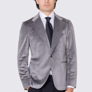 Giacca uomo monopetto grigio chiaro in velluto liscio sartoriale slim fit rever largo