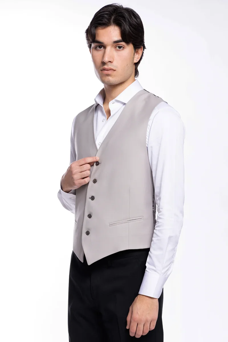 Gilet uomo monopetto grigio da cerimonia in fresco lana slim fit tessuto holland e sherry - immagine 3