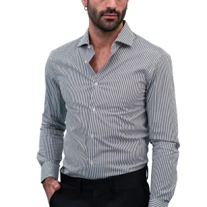 Camicia Uomo righe medie Slim fit cotone Elasticizzata Collo semi francese casual e elegante