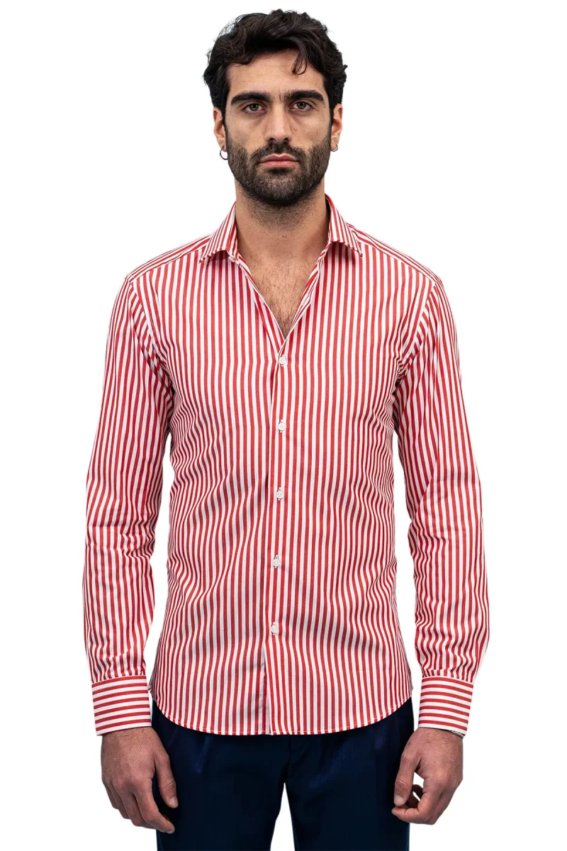 Camicia Uomo righe Larghe Slim fit Collo semi francese 100% cotone made in italy - immagine 3