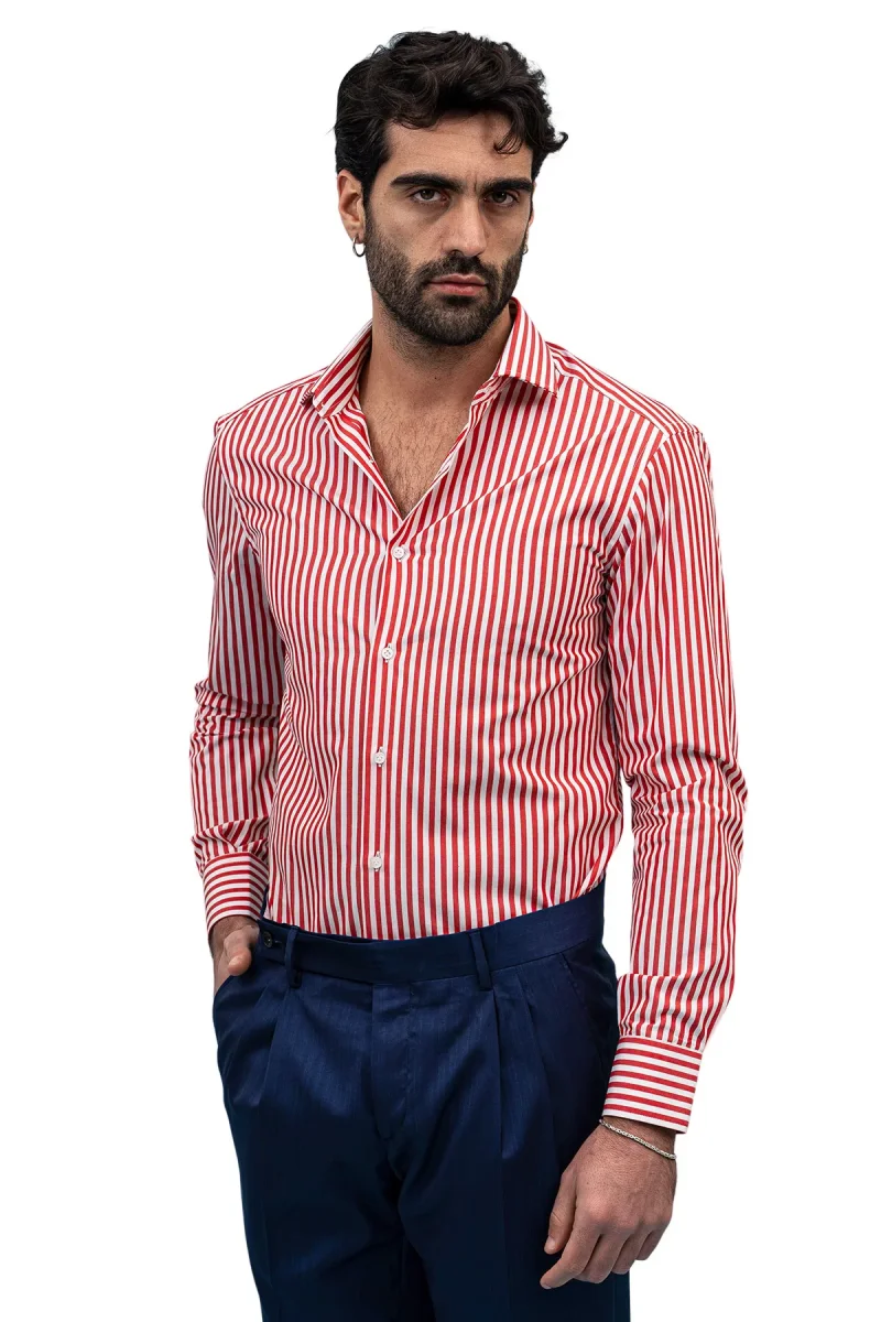 Camicia Uomo righe Larghe Slim fit Collo semi francese 100% cotone made in italy