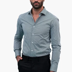 Camicia Uomo microquadro Slim Fit Collo semi francese cotone Elasticizzata casual e elegante