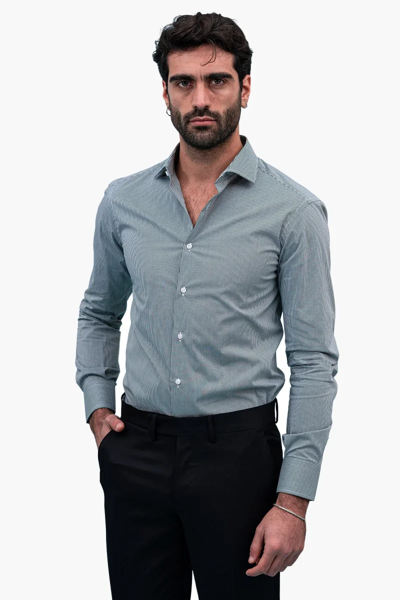 Camicia Uomo microquadro Slim Fit Collo semi francese cotone Elasticizzata casual e elegante - immagine 2