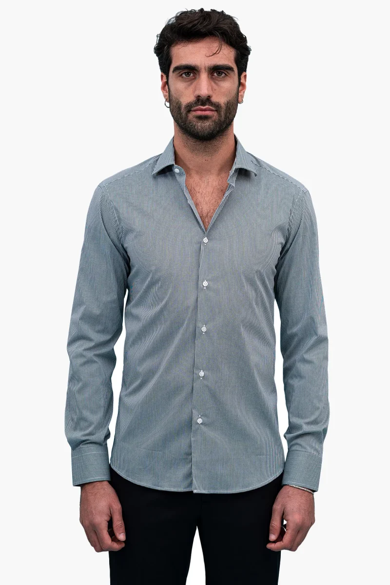 Camicia Uomo microquadro Slim Fit Collo semi francese cotone Elasticizzata casual e elegante - immagine 3
