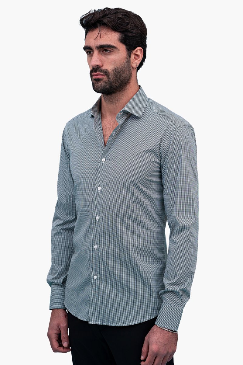 Camicia Uomo microquadro Slim Fit Collo semi francese cotone Elasticizzata casual e elegante - immagine 4