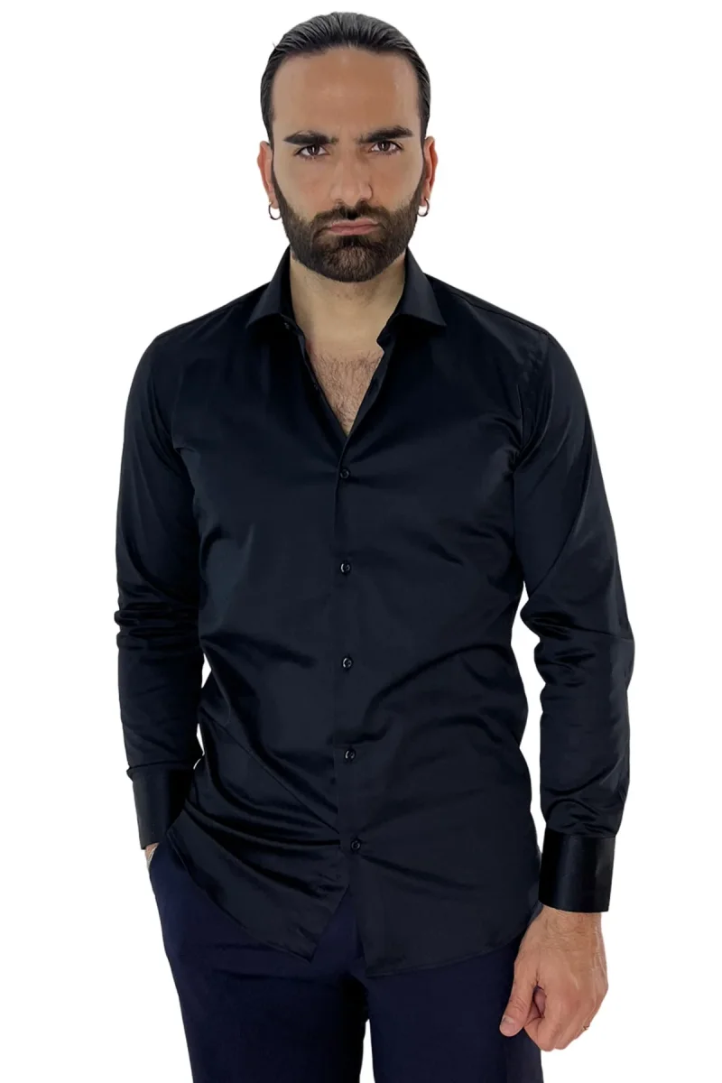 Camicia Uomo Regular fit cotone Elastico effetto seta Collo semi francese tinta unita - immagine 5