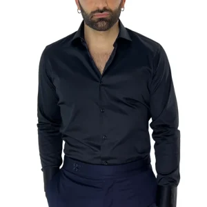 Camicia Uomo Regular fit cotone Elastico effetto seta Collo semi francese tinta unita