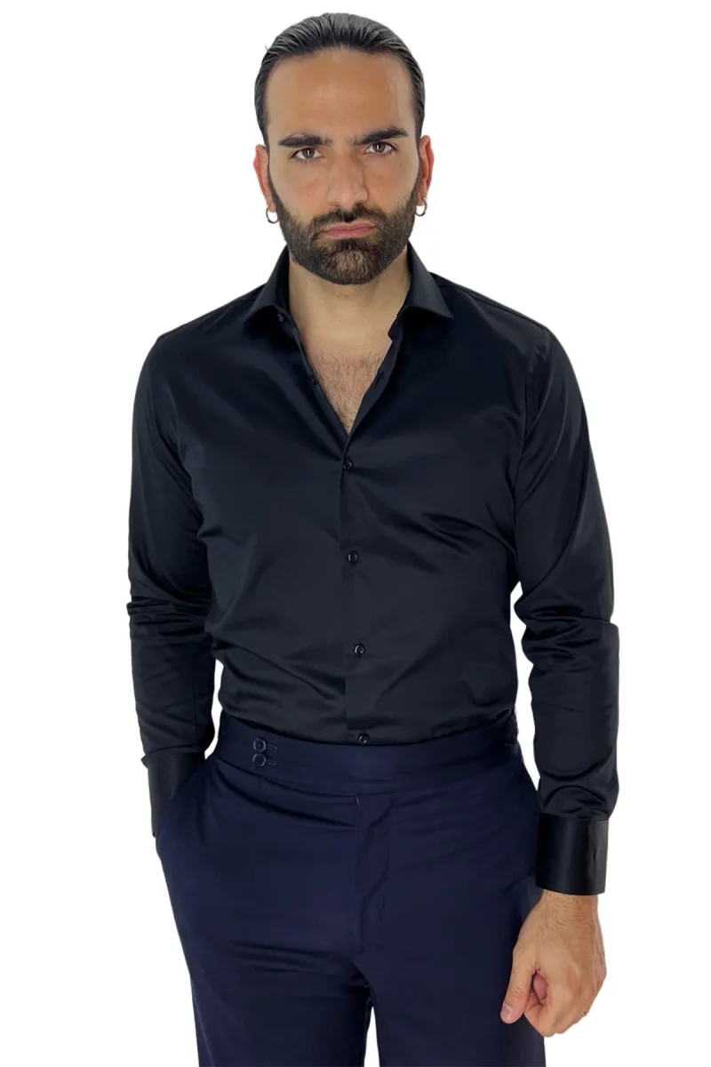 Camicia Uomo Regular fit cotone Elastico effetto seta Collo semi francese tinta unita - immagine 2