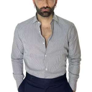 Camicia Uomo riga larga 100% cotone collo semi francese Regular Fit made in italy Casual e Elegante