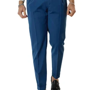 Pantalone uomo royal blu in fresco lana tinta unita vita alta con pinces fibbie laterali e risvolto 4cm